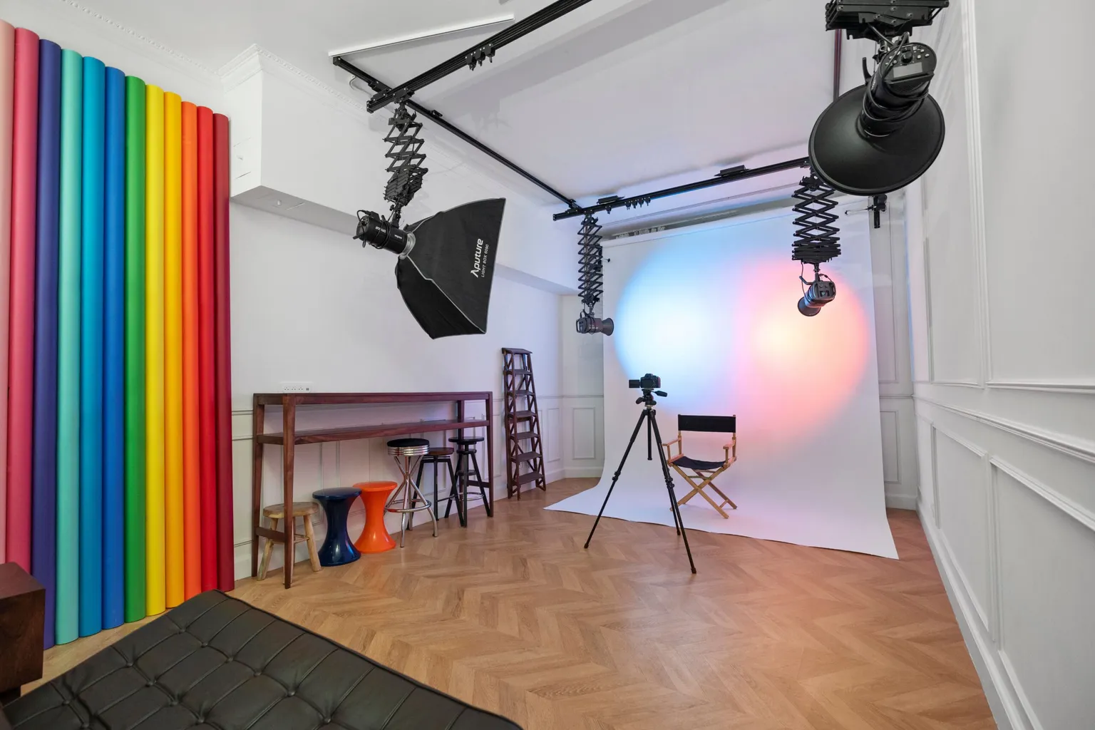 White cyclorama and coloured paper backdrops